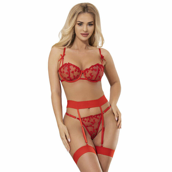 imagen SUBBLIME - 954338 SUJETADOR + TANGA + LIGUEROS ESTAMPADO DE CORAZONES ROJO L/XL