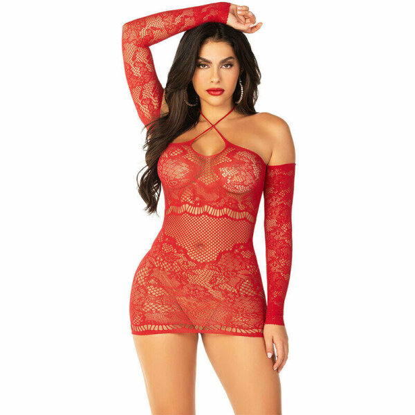 imagen LEG AVENUE - MINIVESTIDO DE REJILLA CON HOMBROS DESCUBIERTOS Y MANGA LARGA ROJO