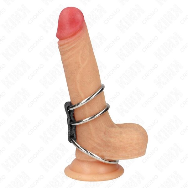imagen KINK - ANILLO PENE TRIPLE METAL 3.7 CM A 5 CM CONECTADOS CON CUERO