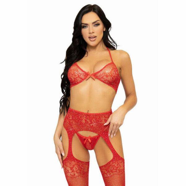imagen LEG AVENUE - SET TRES PIEZAS SUJETADOR, TANGA Y MEDIAS TALLA UNICA - ROJO