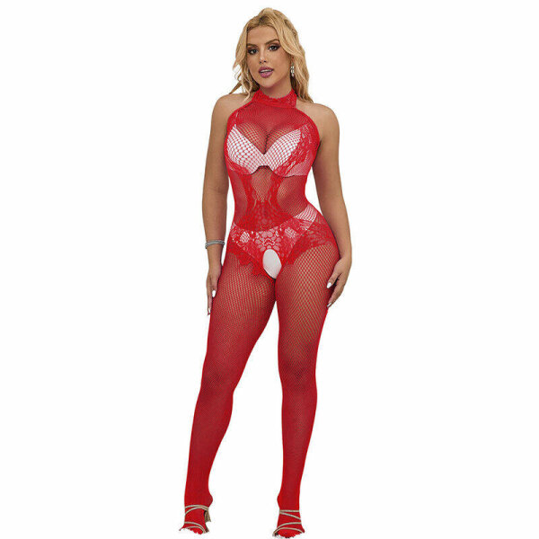 imagen SUBBLIME - 952372 BODYSTOCKING CROTCHLESS DE REJILLA Y ENCAJE CON CUELLO ALTO ROJO TALLA ÚNICA