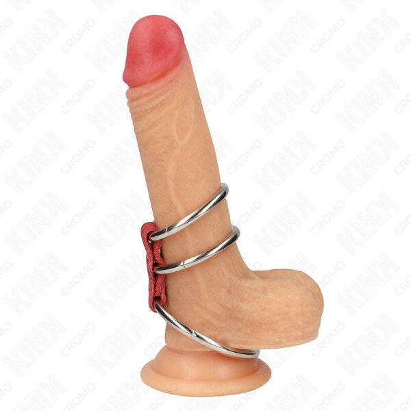 imagen KINK - ANILLO PENE TRIPLE METAL 3.7 CM A 5 CM CONECTADOS CON CUERO ROJO