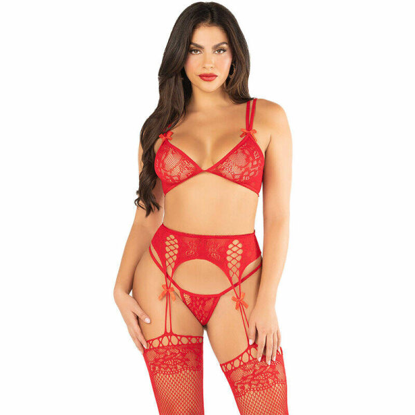 imagen LEG AVENUE - SUJETADOR + TANGA + MEDIAS DE REJILLA ROJO TALLA ÚNICA