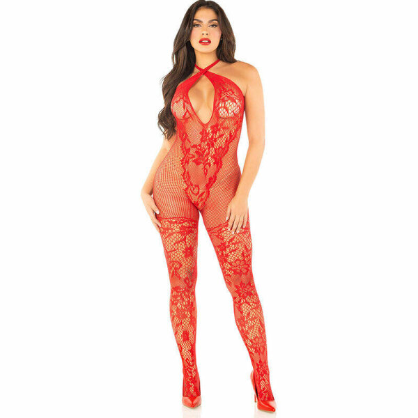 imagen LEG AVENUE - BODYSTOCKING DE REJILLA CON ESTAMPADO DE FLORES ROJO TALLA ÚNICA