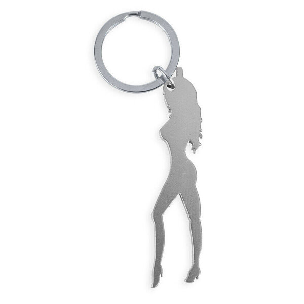 imagen DIABLO PICANTE - LLAVERO CON SILUETA DE MUJER COLOR PLATA CON ABRIDOR DE CERVEZA