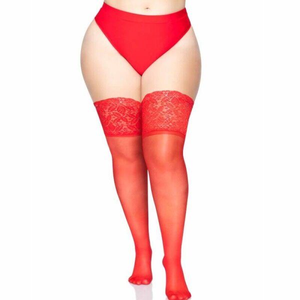 imagen LEG AVENUE - MEDIAS ROJAS AUTOADHESIVAS CON ENCAJE ANCHO PLUS SIZE