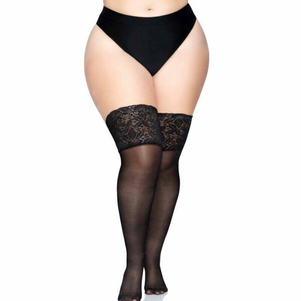 imagen LEG AVENUE - MEDIAS NEGRAS AUTOADHESIVAS CON ENCAJE ANCHO PLUS SIZE