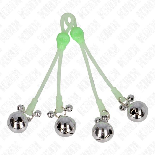 imagen KINK - PINZAS PARA PEZONES LUMINOSAS FORMA CALABERA CON CASCABEL SONORO AJUSTABLE VERDE / PLATEADO