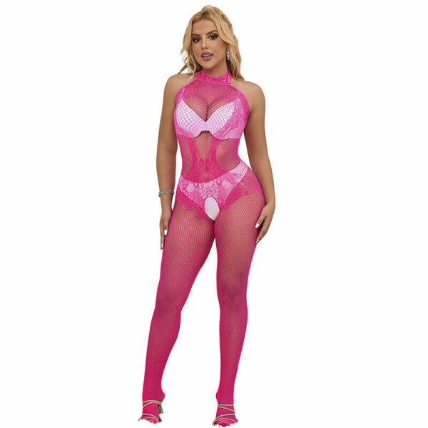 imagen SUBBLIME - 952389 BODYSTOCKING CROTCHLESS DE REJILLA Y ENCAJE CON CUELLO ALTO ROSA TALLA ÚNICA